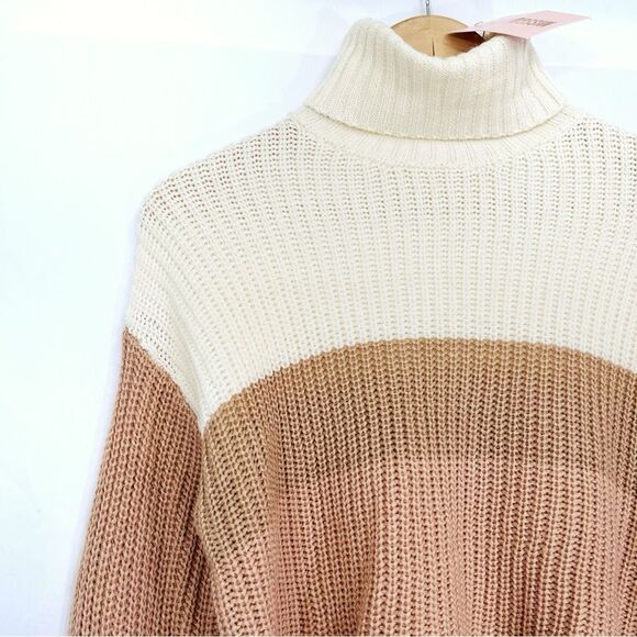 Missguided Cropped Colorblock Knit Turtleneck Sweater Tan Neutral Fall XS 2/4 - Picture 3 of 8